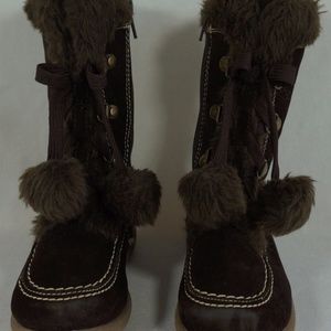 Rachel Boots Girls Size 9 Brown Faux Suede Pom Pom
